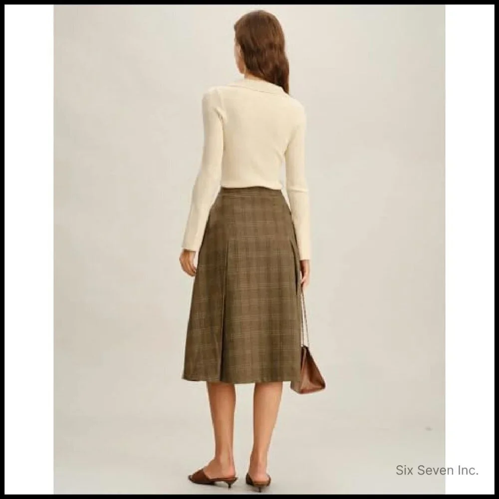 Pleated A-Line Midi Skirt Vintage Elegant Retro Wool-Blend with Pockets